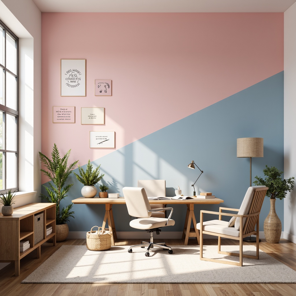 Prompt: Vibrant modern design studio, sleek wooden desk, ergonomic chair, inspirational quotes, pastel color palette, soft pink walls, calming blue accents, creamy white furniture, natural textiles, minimal ornamentation, plenty of negative space, warm task lighting, shallow depth of field, 1/1 composition, realistic rendering, ambient occlusion.