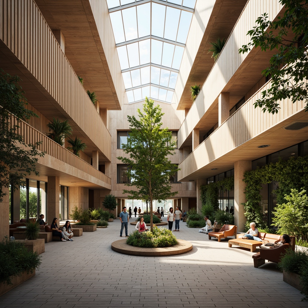 Prompt: Spacious academic building, high ceilings, large windows, clerestory windows, skylights, natural stone walls, wooden floors, minimalist decor, abundant greenery, living walls, vertical gardens, soft warm lighting, diffused sunlight, gentle shadows, 1/1 composition, shallow depth of field, realistic textures, ambient occlusion.