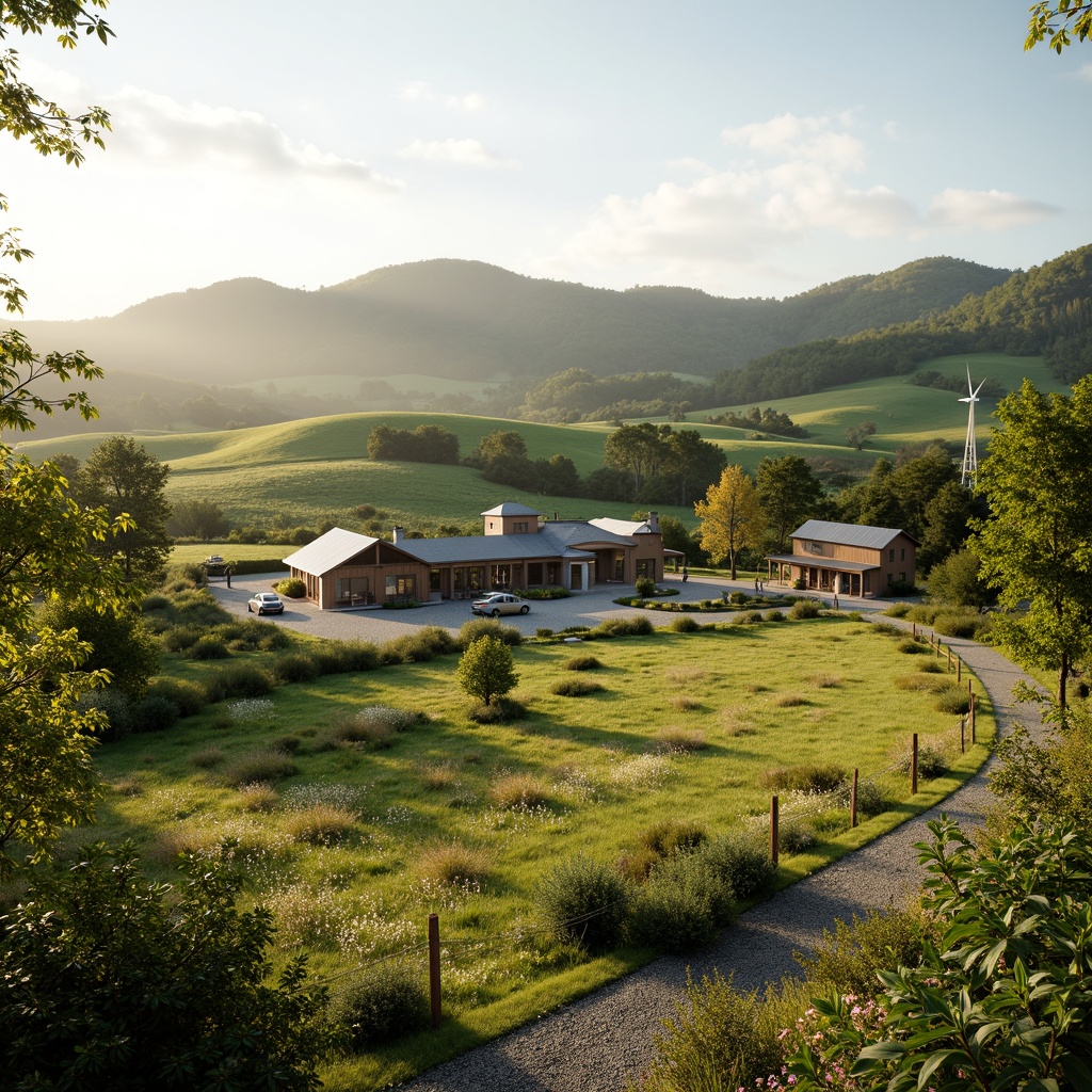 Prompt: Rustic farmhouse, rolling hills, lush green pastures, windmills, solar panels, eco-friendly buildings, modern agricultural equipment, wooden fences, gravel pathways, wildflower fields, serene countryside, warm sunlight, soft focus, shallow depth of field, 2/3 composition, panoramic view, realistic textures, ambient occlusion.