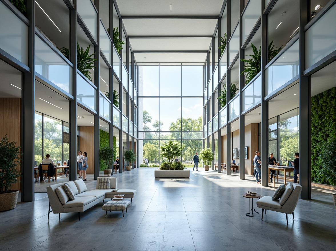 Prompt: Minimalist office building, transparent glass walls, sleek metal frames, reflective surfaces, modern interior design, open floor plan, collaborative workspaces, ergonomic furniture, greenery installations, natural light pouring in, airy atmosphere, shallow depth of field, 3/4 composition, panoramic view, realistic textures, ambient occlusion.