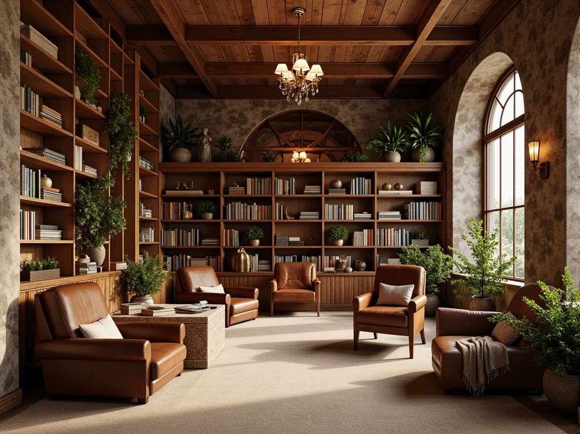 Prompt: Cozy library atmosphere, warm wooden shelves, comfortable reading nooks, earthy color scheme, rich brown leather armchairs, soft beige carpeting, calming greenery, floor-to-ceiling bookcases, elegant chandeliers, subtle warm lighting, inviting study areas, vintage-inspired decorations, distressed wood accents, plush throw blankets, soothing pastel hues, natural stone walls, tranquil ambiance.