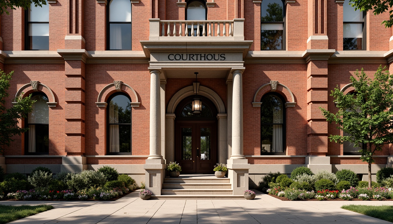 Prompt: Historic courthouse building, ornate brick facade, rusticated quoins, arched windows, grand entrance, columned portico, intricate stone carvings, richly textured brickwork, earthy color palette, warm natural lighting, shallow depth of field, 1/2 composition, symmetrical framing, realistic textures, ambient occlusion.