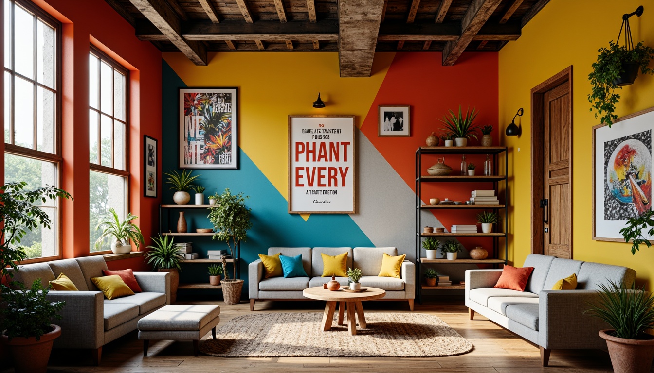 Prompt: Vibrant artistic studio, eclectic furniture pieces, bold colorful walls, natural wood accents, inspirational quotes, creative lighting fixtures, modern abstract art, trendy industrial decor, reclaimed wood shelves, rustic metal frames, earthy terracotta pots, lush greenery, warm cozy atmosphere, softbox lighting, shallow depth of field, 1/1 composition, realistic textures, ambient occlusion.