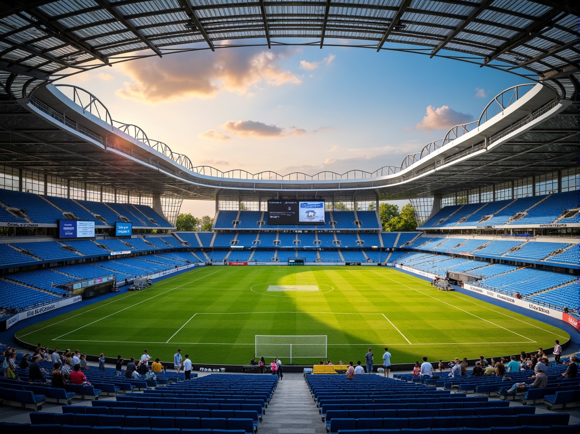 Prompt: Vibrant sports stadium, electric blue seats, bright green grass, warm golden lighting, dynamic scoreboards, sleek metal rails, modern architecture, angular lines, urban landscape, bustling crowds, evening atmosphere, soft warm glow, shallow depth of field, 1/2 composition, realistic textures, ambient occlusion.