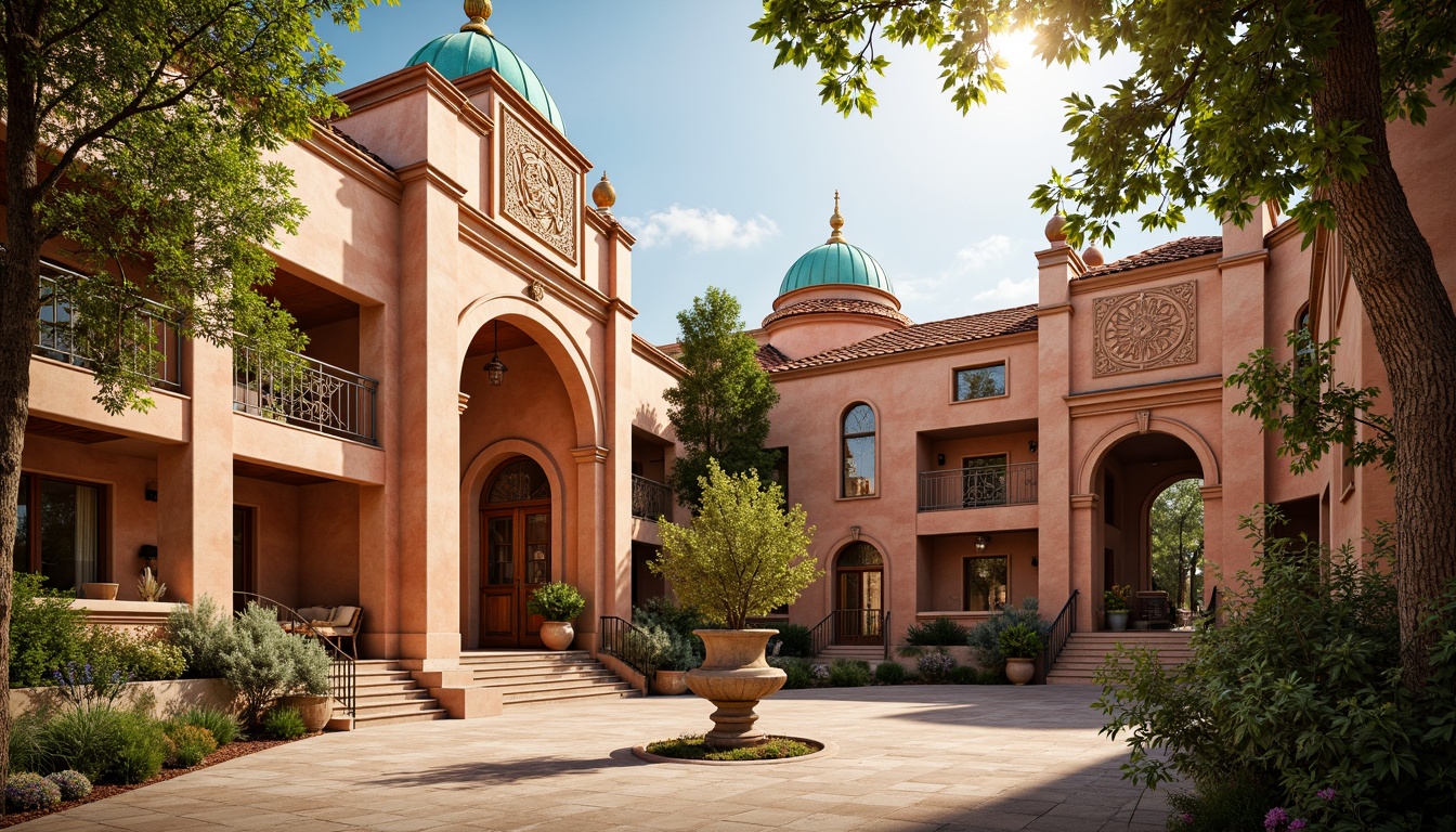 Prompt: Warm terracotta facades, ornate stone carvings, golden domes, intricate mosaics, rich turquoise accents, soft cream archways, rustic wooden doors, vibrant crimson roofs, ornamental ironwork, lush greenery, ancient olive trees, warm afternoon sunlight, soft warm lighting, shallow depth of field, 3/4 composition, realistic textures, ambient occlusion.