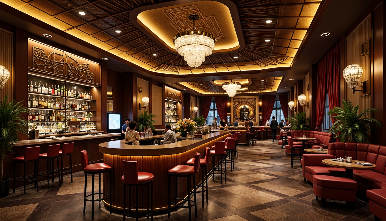 Prompt: Luxurious bar interior, ornate metalwork, geometric patterns, Art Deco motifs, golden accents, rich wood tones, velvet drapes, crystal chandeliers, metallic sheen, opulent furnishings, intricate moldings, curved lines, lavish decorations, warm ambient lighting, dramatic shadows, 1/1 composition, high contrast ratio, cinematic color palette.