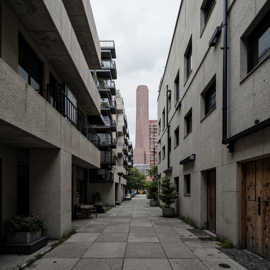 Prompt: Rough-hewn concrete walls, rugged stone facades, brutalist fortress-like structures, industrial metal beams, exposed ductwork, raw unfinished surfaces, distressed wood accents, weathered steel panels, urban cityscape backdrop, overcast skies, dramatic shadows, high-contrast lighting, abstract geometric patterns, bold monochromatic color scheme, 1/1 composition, low-angle shot, gritty realistic textures, ambient occlusion.