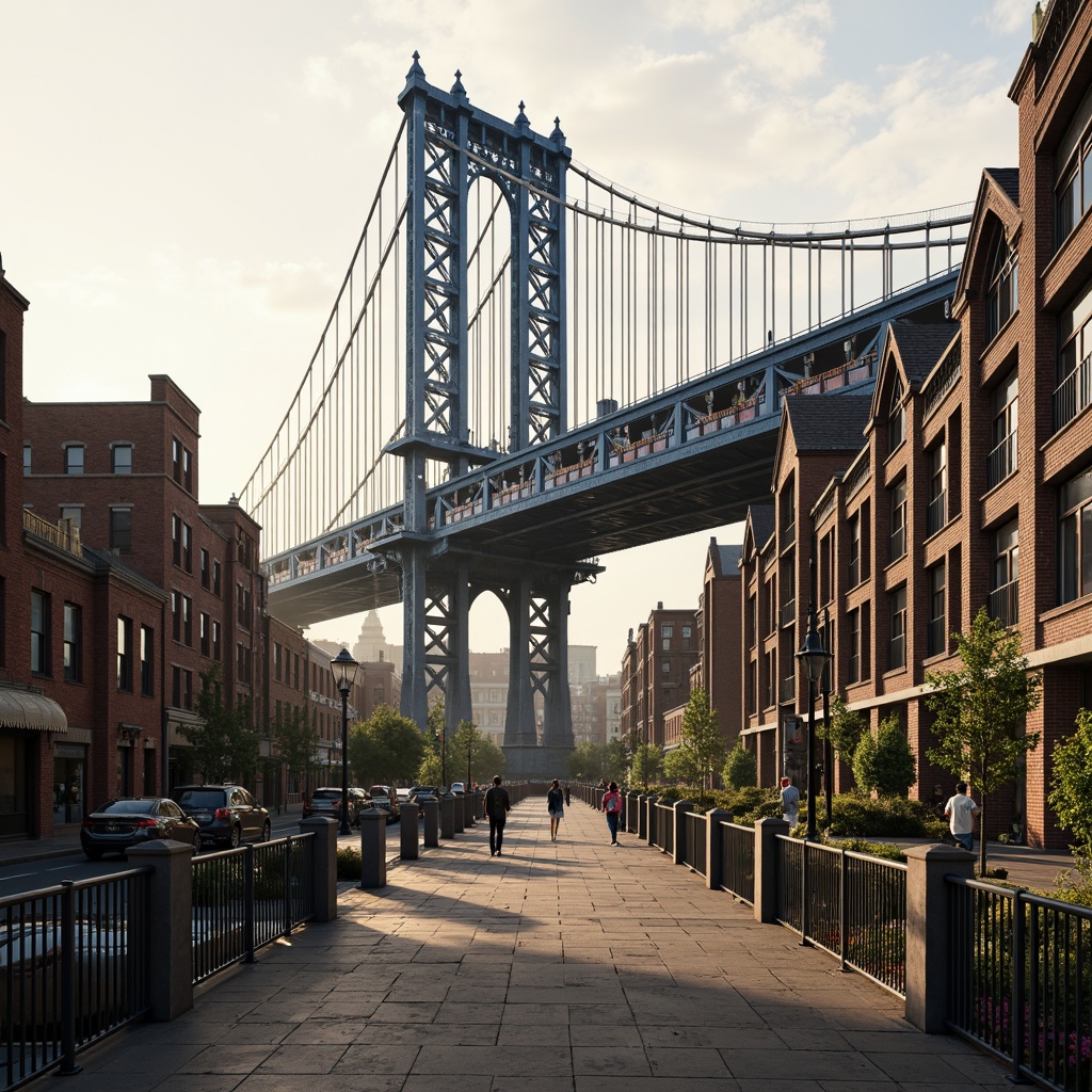 Prompt: Eclectic bridge, curved steel arches, ornate iron railings, vibrant colorful stonework, intricate Gothic-inspired details, rustic wooden accents, grand sweeping curves, dramatic suspension cables, imposing stone piers, dynamic urban skyline, misty morning atmosphere, soft warm lighting, shallow depth of field, 1/2 composition, realistic textures, ambient occlusion.