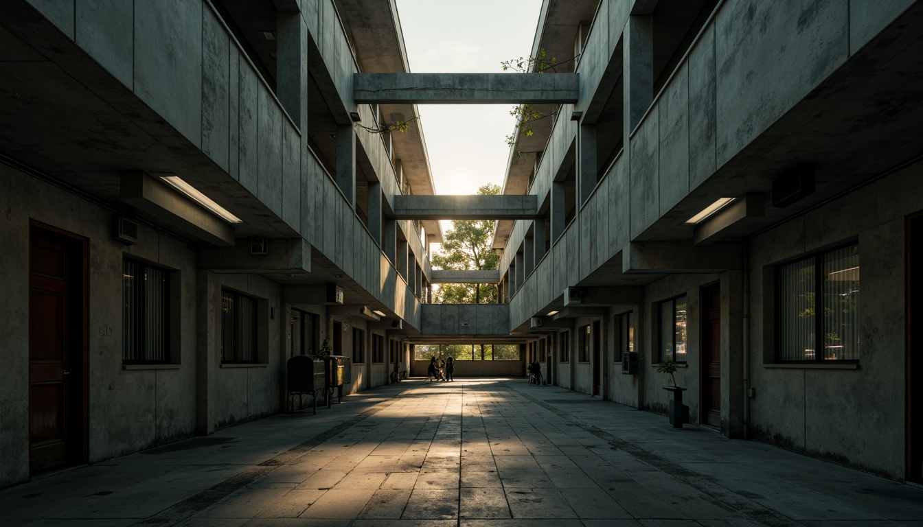 Prompt: Gloomy high school courtyard, brutalist architecture, concrete walls, angular lines, industrial lighting fixtures, metal beams, exposed ductwork, dimly lit corridors, overhead fluorescent lights, soft warm glow, dramatic shadows, intense contrast, moody atmosphere, afternoon sunbeams, narrow vertical windows, minimal ornamentation, functional design, raw textures, weathered concrete, urban landscape, cloudy day, soft focus, shallow depth of field, 2/3 composition.