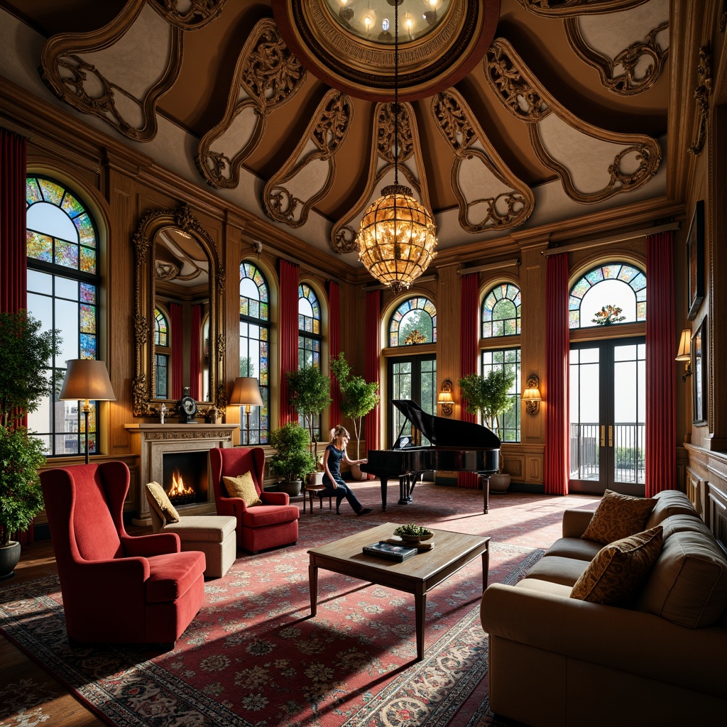 Prompt: Opulent living room, sinuous lines, flowing curves, organic forms, stained glass windows, ornate mirrors, intricate wood carvings, velvet upholstery, rich jewel-toned fabrics, grand piano, floor lamps with sculptural shapes, lavish chandeliers, decorative metalwork, natural materials, earthy color palette, warm golden lighting, shallow depth of field, 2/3 composition, dramatic shadows, high contrast ratio, realistic textures, ambient occlusion.