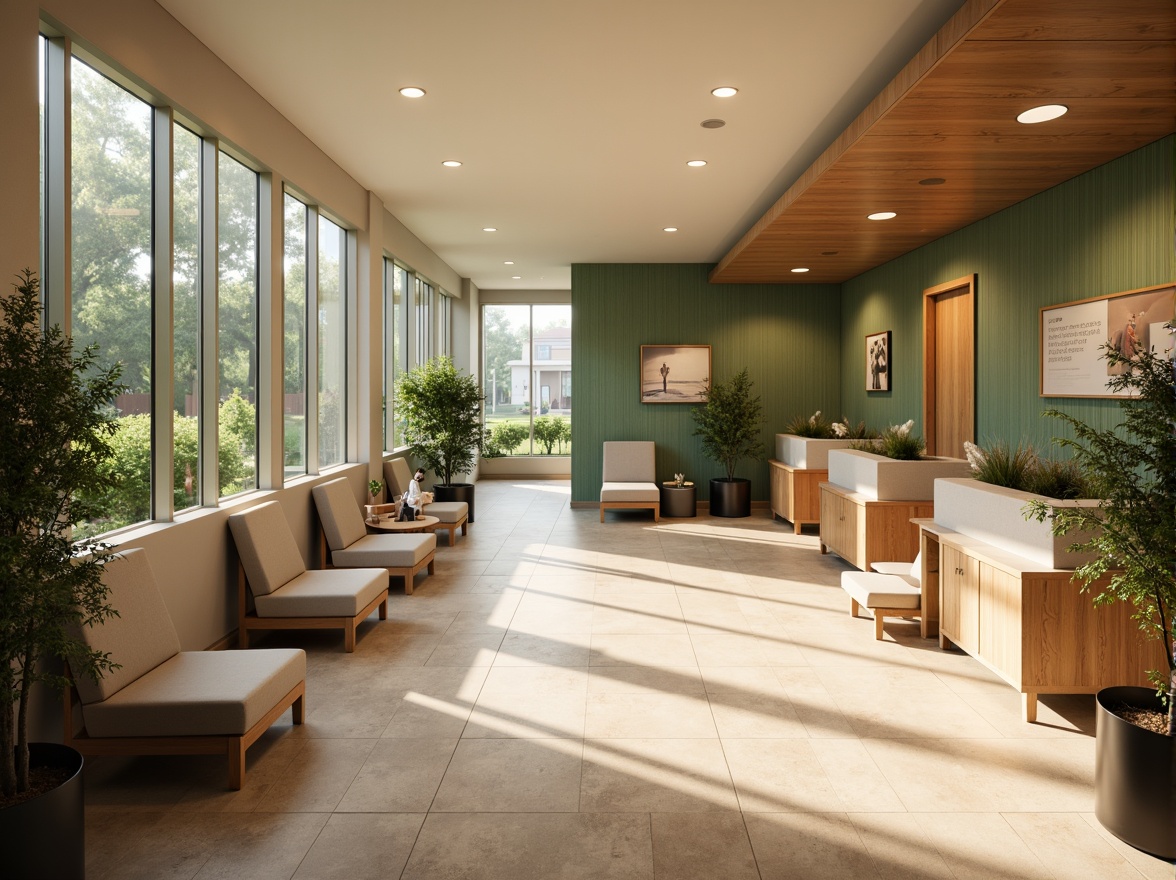 Prompt: Calming healthcare center, soft warm lighting, gentle color temperatures, comfortable waiting areas, natural wood accents, soothing water features, peaceful green walls, minimalist decor, modern medical equipment, sleek metal fixtures, warm beige flooring, cozy reading nooks, calming artwork, subtle texture variations, shallow depth of field, 1/1 composition, realistic renderings, ambient occlusion.