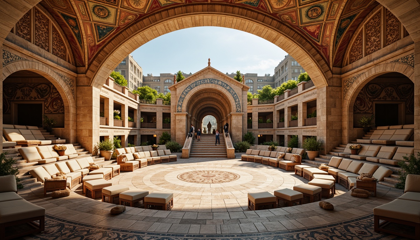 Prompt: Ancient Roman-inspired amphitheater, grandiose stone architecture, ornate carvings, majestic arches, vibrant frescoes, comfortable seating areas, curved rows of seats, plush cushions, wooden armrests, intricate mosaics, natural stone flooring, warm golden lighting, soft shadows, 1/2 composition, symmetrical framing, realistic textures, ambient occlusion.