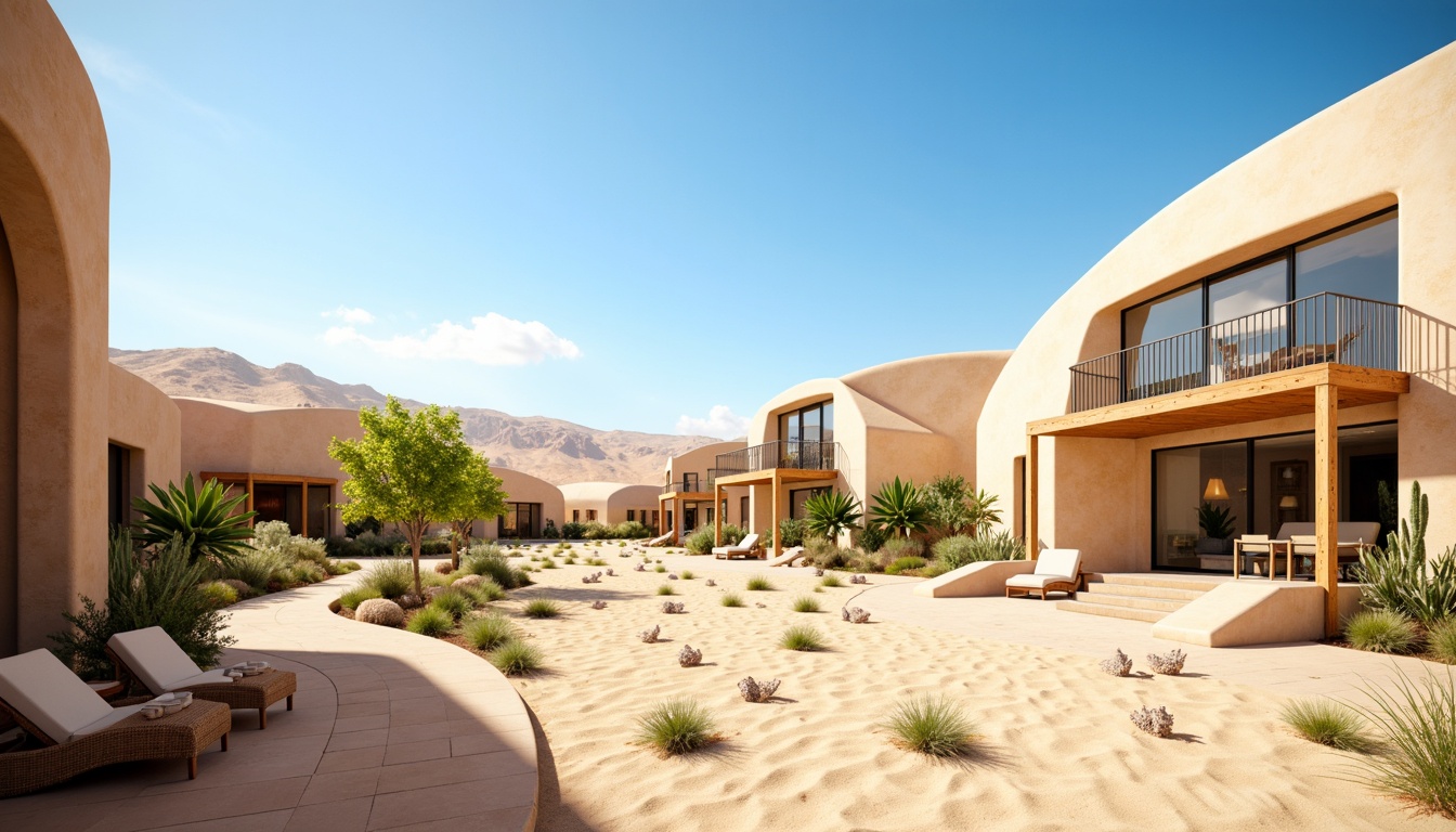 Prompt: Desert landscape, sandy dunes, cactus plants, hot sunny day, clear blue sky, vast open space, modern desert architecture, earth-toned buildings, curved lines, organic shapes, natural stone walls, wooden accents, steel frames, large windows, sliding glass doors, green roofs, eco-friendly materials, innovative cooling systems, shaded outdoor spaces, misting systems, Arabic-inspired patterns, vibrant colorful textiles, intricate geometric motifs, panoramic view, realistic textures, ambient occlusion.