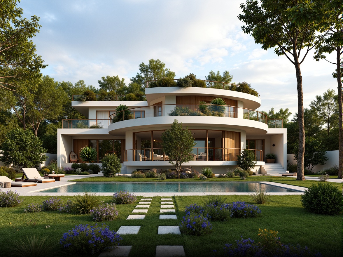 Prompt: Eco-friendly villa, fusion architecture, curved lines, green roofs, solar panels, wind turbines, water conservation systems, recycled materials, natural ventilation, large windows, minimal carbon footprint, energy-efficient appliances, organic gardens, blooming flowers, lush greenery, serene ambiance, soft warm lighting, shallow depth of field, 3/4 composition, panoramic view, realistic textures, ambient occlusion.