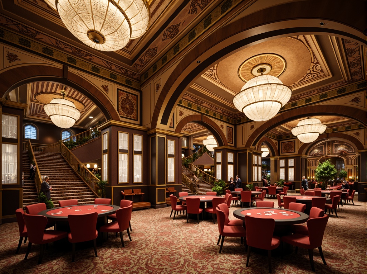 Prompt: Luxurious casino interior, ornate Art Nouveau details, curvaceous lines, flowing organic shapes, lavish furnishings, opulent chandeliers, intricate mosaics, rich velvet fabrics, metallic accents, grand staircase, dramatic archways, majestic columns, lavish decorative trim, ambient warm lighting, soft focus blur, shallow depth of field, 2/3 composition, ornate mirrors, elegant gaming tables, plush lounge seating.