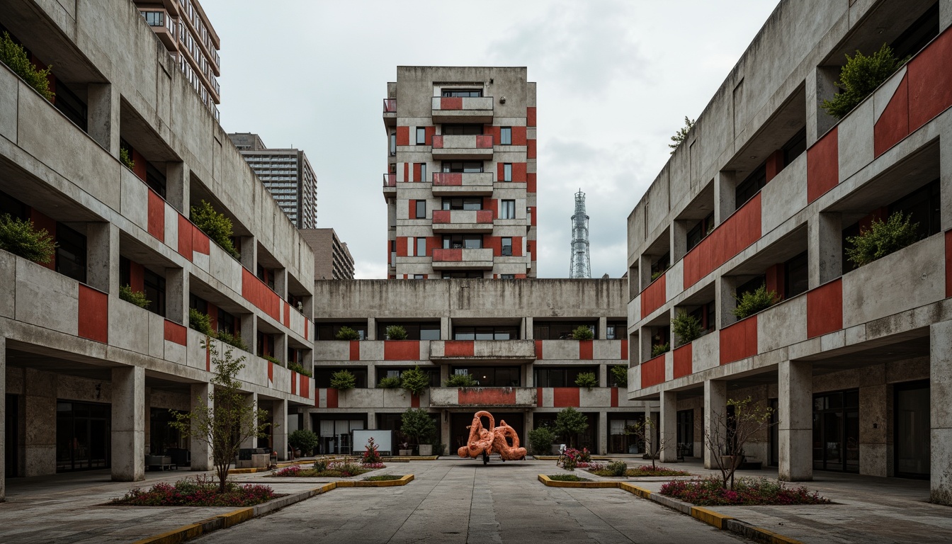 Prompt: Rugged brutalist architecture, raw concrete textures, industrial materials, muted earth tones, bold color accents, abstract geometric patterns, urban cityscape, overcast skies, dramatic shadows, high-contrast lighting, cinematic atmosphere, wide-angle lens, low-depth of field, 2/3 composition, gritty realistic renderings, weathered metal surfaces, exposed ductwork, brutalist sculptures, fragmented shapes, deconstructed forms.