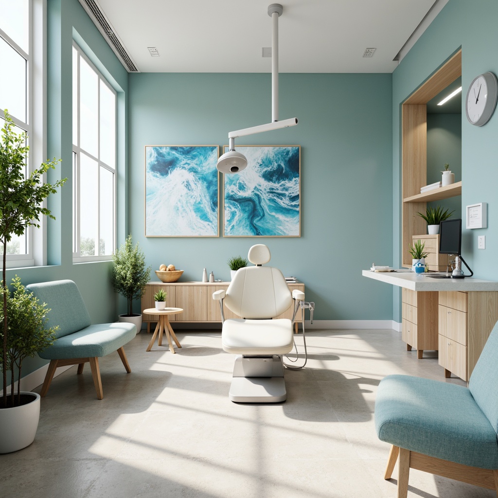 Prompt: Vibrant dental clinic, calming atmosphere, soothing color palette, gentle blue hues, creamy whites, warm beige tones, natural wood accents, modern minimalist furniture, sleek metal equipment, sterile glass surfaces, soft diffused lighting, subtle texture contrasts, 3/4 composition, shallow depth of field, realistic reflections, ambient occlusion.