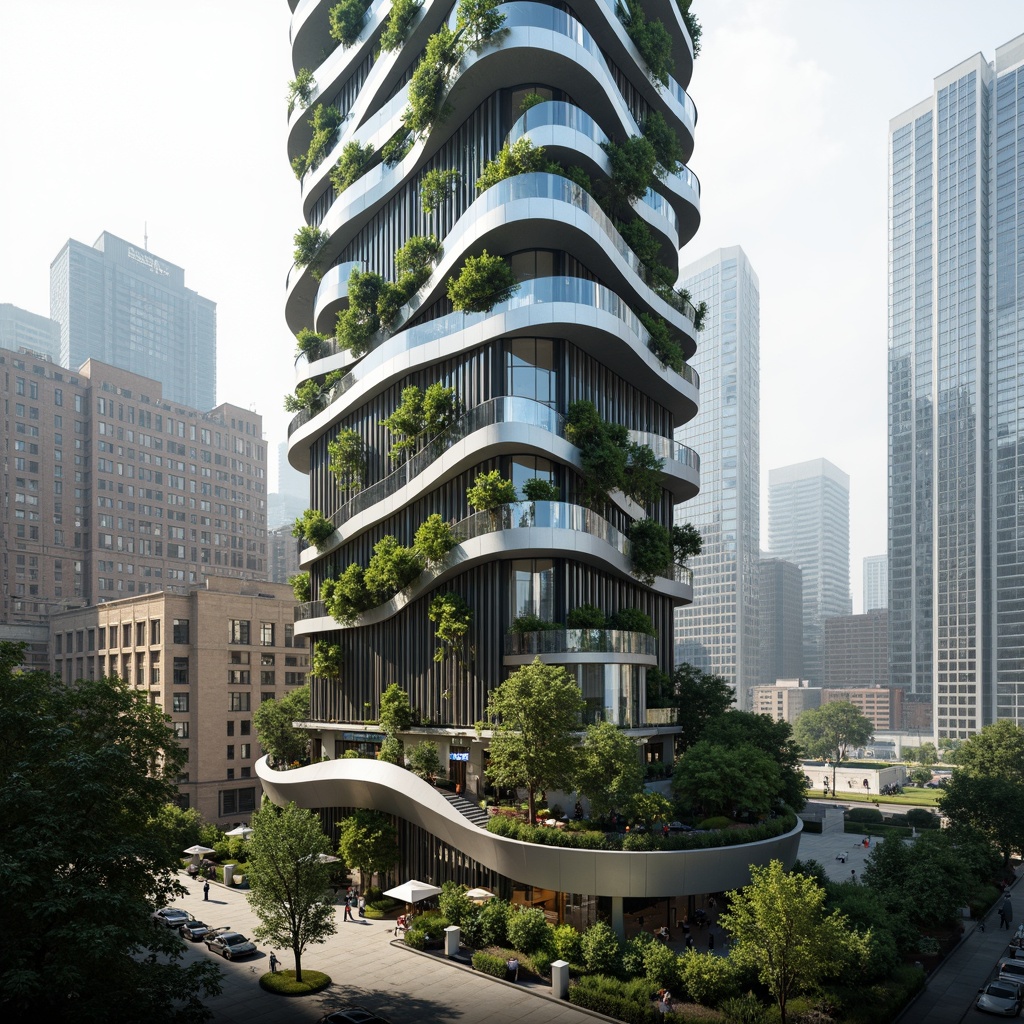 Prompt: Curved skyscraper, futuristic blob architecture, iridescent glass fa\u00e7ade, metallic mesh exterior, lush green rooftop gardens, tropical plant species, misty fog atmosphere, soft warm lighting, shallow depth of field, 3/4 composition, panoramic view, realistic textures, ambient occlusion, vibrant cityscape, bustling streets, modern urban landscape, sleek high-rise buildings, dynamic fluid forms, organic shapes, sustainable energy harvesting systems, green roofs, eco-friendly materials, innovative cooling technologies, shaded outdoor spaces.