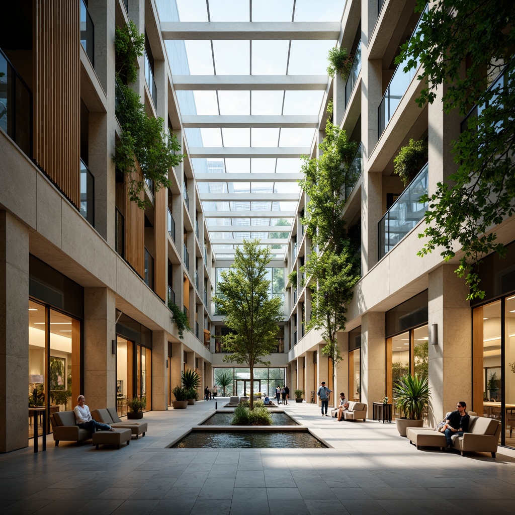 Prompt: Spacious hospital lobby, high ceilings, clerestory windows, abundant natural light, calming atmosphere, soothing color palette, wooden accents, comfortable seating areas, lush greenery, living walls, open courtyard, water features, gentle fountain sounds, warm ambient lighting, shallow depth of field, 3/4 composition, panoramic view, realistic textures, ambient occlusion.