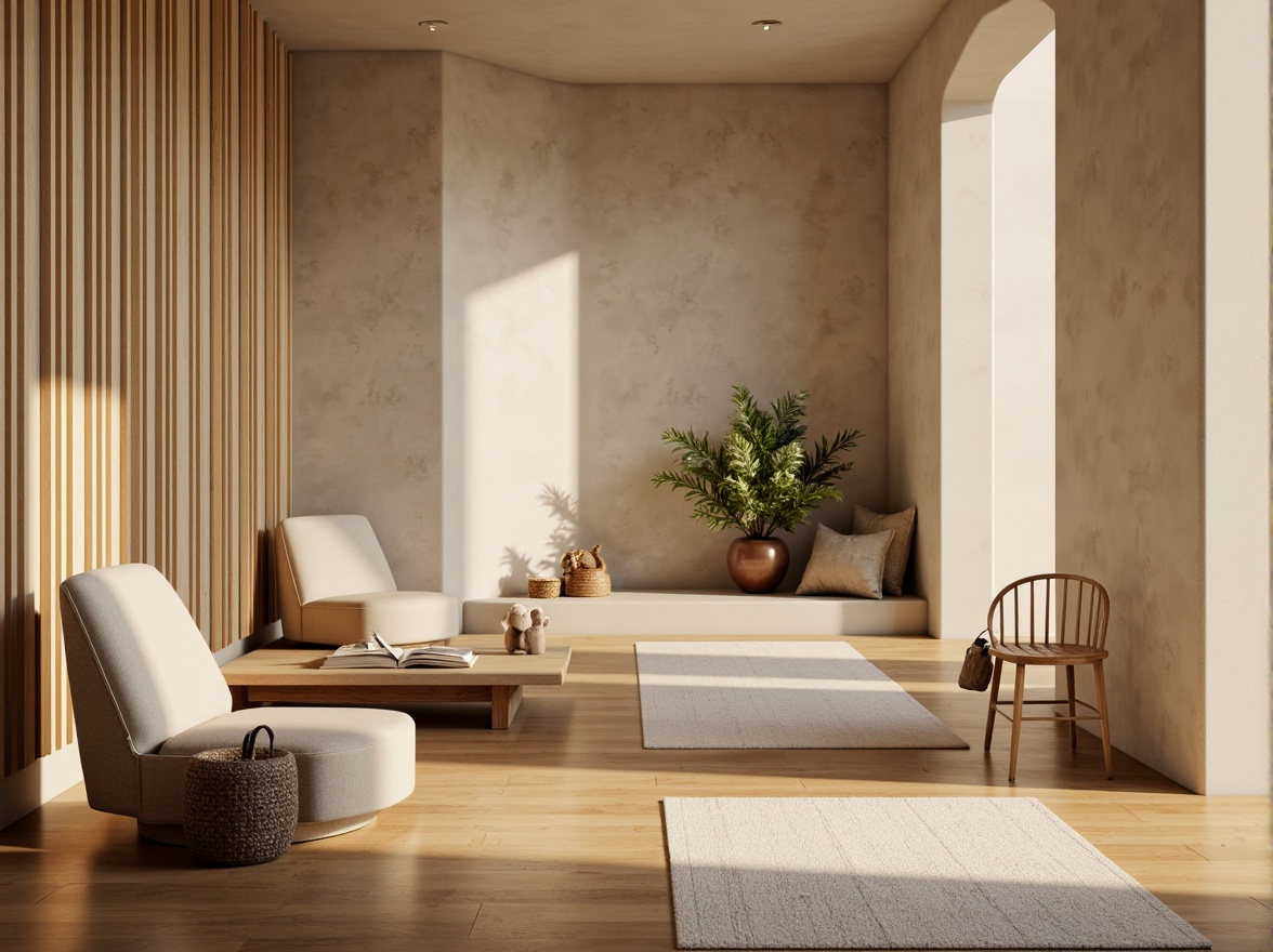 Prompt: Minimalist modern interior, warm beige walls, polished wooden floors, sleek furniture, elegant curves, natural textiles, harmonious color palette, soft diffused lighting, 1/1 composition, shallow depth of field, realistic materials, ambient occlusion, serene atmosphere, cozy reading nook, comfortable seating area, decorative plants, subtle patterns, luxurious fabrics, sophisticated accents, inviting ambiance.