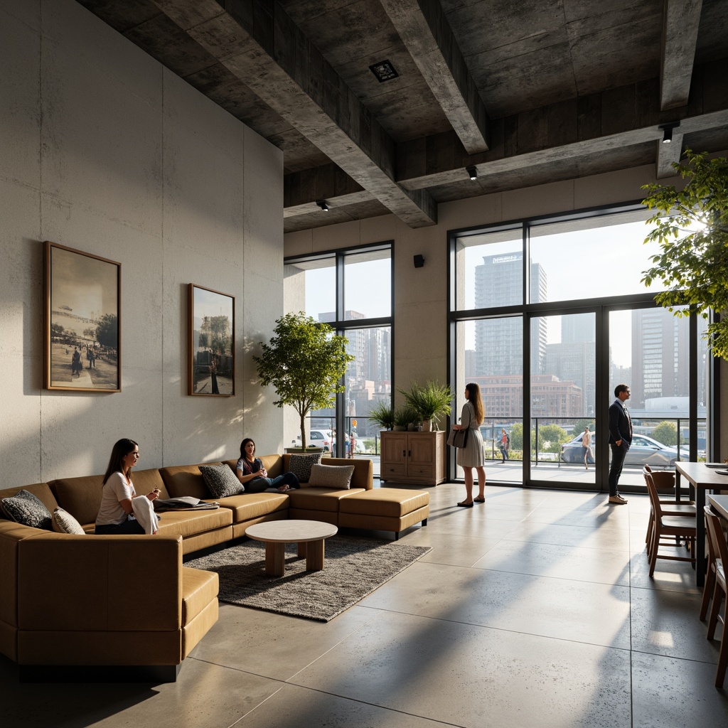 Prompt: Simple student halls, clean lines, monochromatic color scheme, industrial materials, polished concrete floors, minimal ornaments, functional furniture, compact spaces, natural light, large windows, sliding glass doors, urban landscape, busy streets, modern cityscape, subtle textures, soft warm lighting, shallow depth of field, 3/4 composition, realistic render.