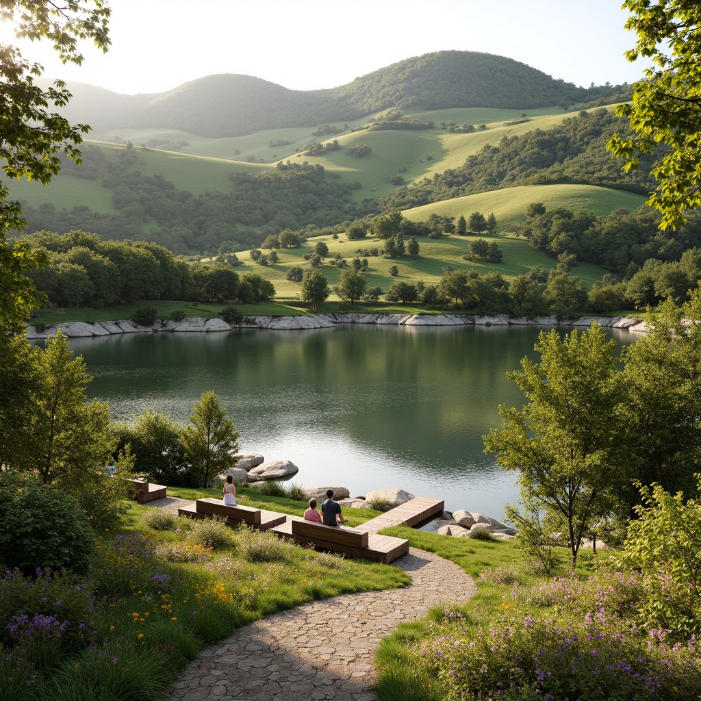 Prompt: Rolling hills, lush greenery, serene lakeside, wooden docks, rustic benches, meandering pathways, blooming wildflowers, soft warm lighting, gentle breeze, 3/4 composition, panoramic view, realistic textures, ambient occlusion, natural stone walls, earthy tones, organic forms, sustainable materials, eco-friendly design, minimalist architecture, seamless transitions, blurred boundaries, symphony of nature and built environment.