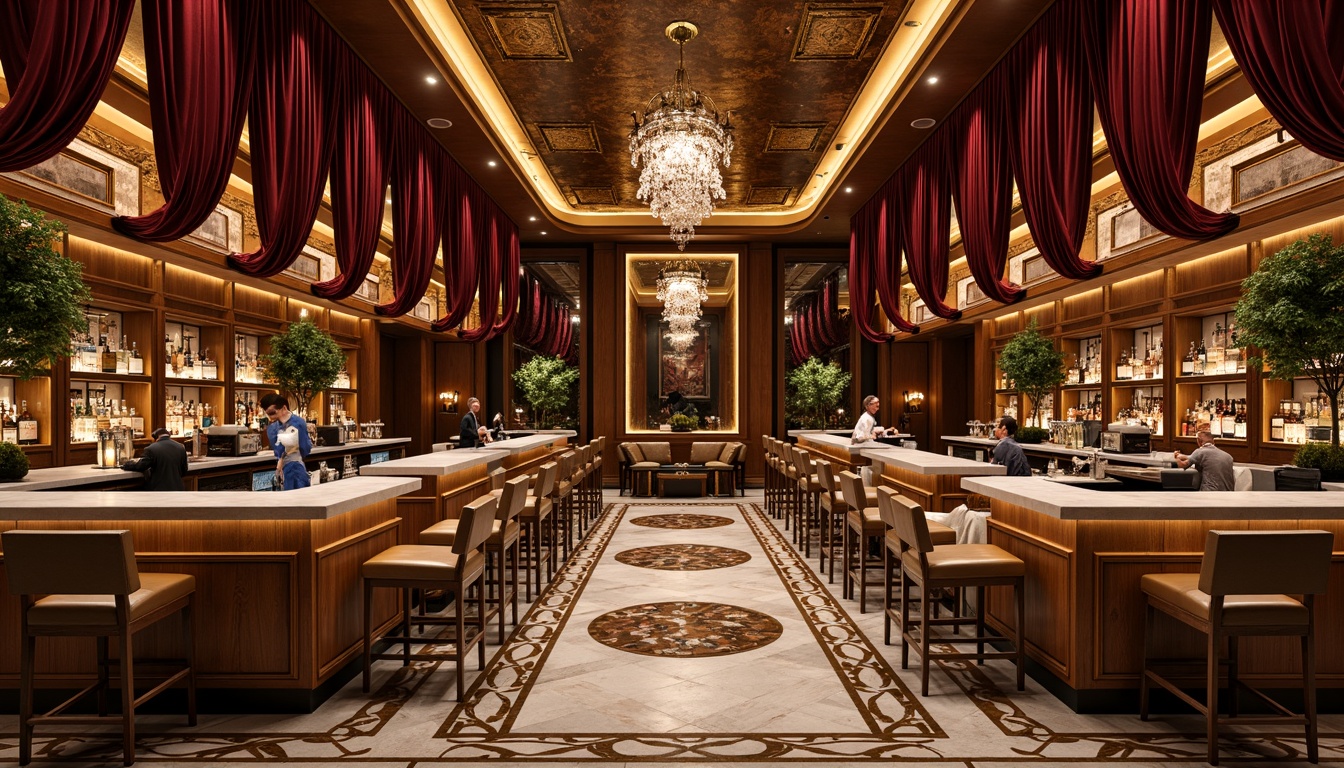 Prompt: Opulent cocktail bar, luxurious velvet drapes, ornate metallic accents, glossy marble countertops, geometric patterned floors, lavish crystal chandeliers, rich wood paneling, curved lines, bold typography, art deco motifs, metallic leaf patterns, champagne gold finishes, luxurious leather stools, ambient warm lighting, shallow depth of field, 1/1 composition, realistic textures, soft focus.