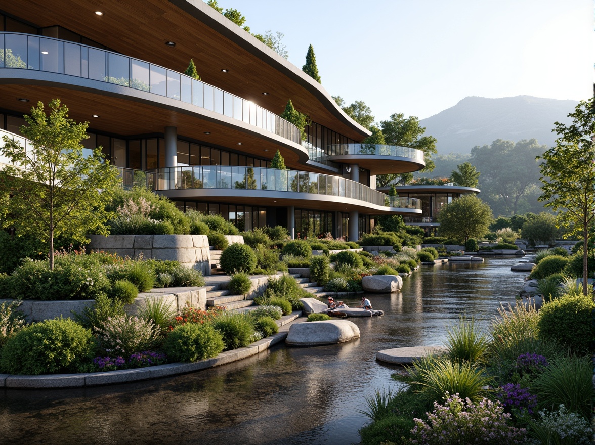 Prompt: Curved building facade, sleek metal lines, minimalist modern architecture, integrated green roofs, lush vegetation, natural stone walls, wooden accents, floor-to-ceiling windows, panoramic views, serene water features, gentle streams, rustic wooden bridges, vibrant colorful flowers, ambient soft lighting, shallow depth of field, 3/4 composition, realistic textures, subtle atmospheric effects.