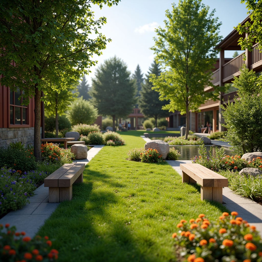 Prompt: Lush green lawn, vibrant flowerbeds, ornamental trees, meandering pathways, rustic stone walls, wooden fences, serene water features, tranquil ponds, colorful garden benches, natural rock formations, blooming shrubs, sunny day, soft warm lighting, shallow depth of field, 3/4 composition, panoramic view, realistic textures, ambient occlusion.