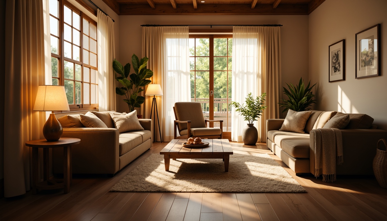 Prompt: Cozy living room, warm ambient lighting, soft glowing lamps, plush couches, rustic wooden tables, creamy textured rugs, floor-to-ceiling windows, sheer white curtains, sunny afternoon, gentle warm glow, shallow depth of field, 1/1 composition, realistic shadows, subtle color grading.