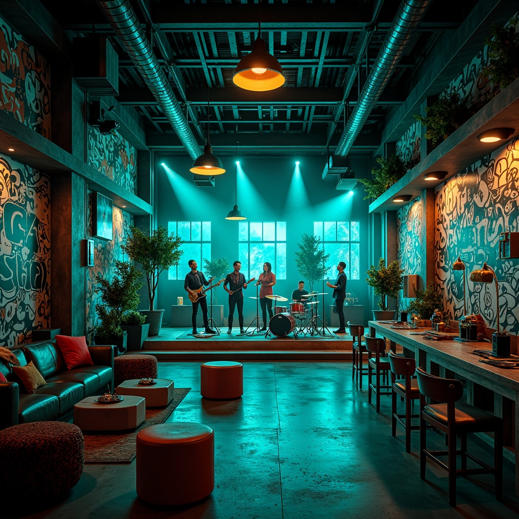 Prompt: Vibrant teal accents, neon lights, dynamic stage design, eclectic music instruments, graffiti walls, industrial metal beams, polished concrete floors, trendy lounge seating, retro-futuristic decor, edgy urban atmosphere, moody dim lighting, shallow depth of field, 1/1 composition, cinematic view, realistic textures, ambient occlusion.