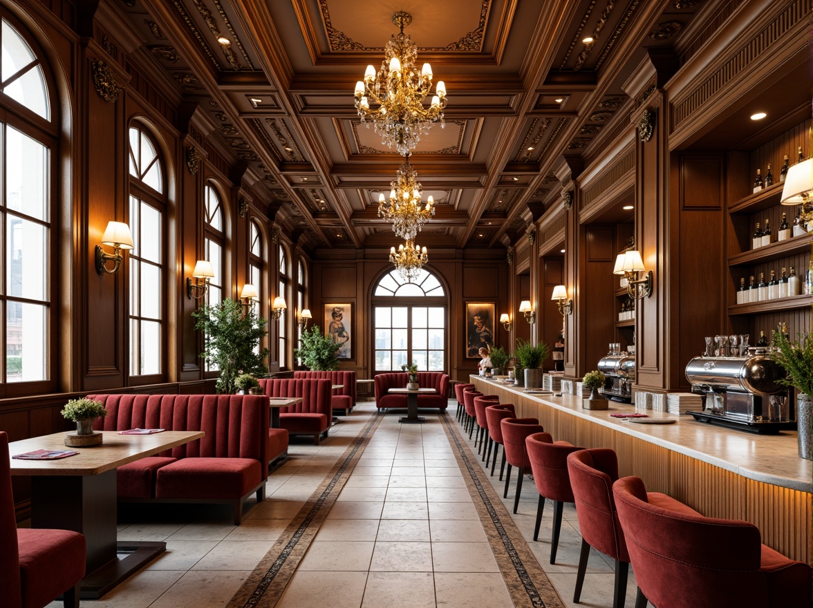 Prompt: Elegant coffee shop interior, rich wood tones, polished marble countertops, ornate gold accents, velvet upholstery, intricate moldings, high ceilings, grand chandeliers, soft warm lighting, natural stone flooring, luxurious fabrics, refined metalwork, subtle patterns, sophisticated color palette, classic proportions, symmetrical composition, shallow depth of field, 1/1 aspect ratio, realistic textures, ambient occlusion.