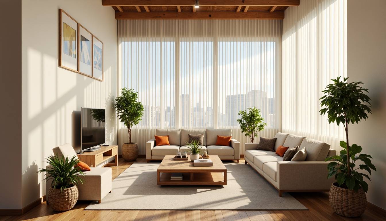 Prompt: Vibrant living room, floor-to-ceiling windows, sheer white curtains, warm natural light, soft shadows, comfortable seating area, wooden coffee table, plush sofas, greenery plants, modern minimalist decor, neutral color palette, subtle textures, 1/1 composition, shallow depth of field, realistic rendering.