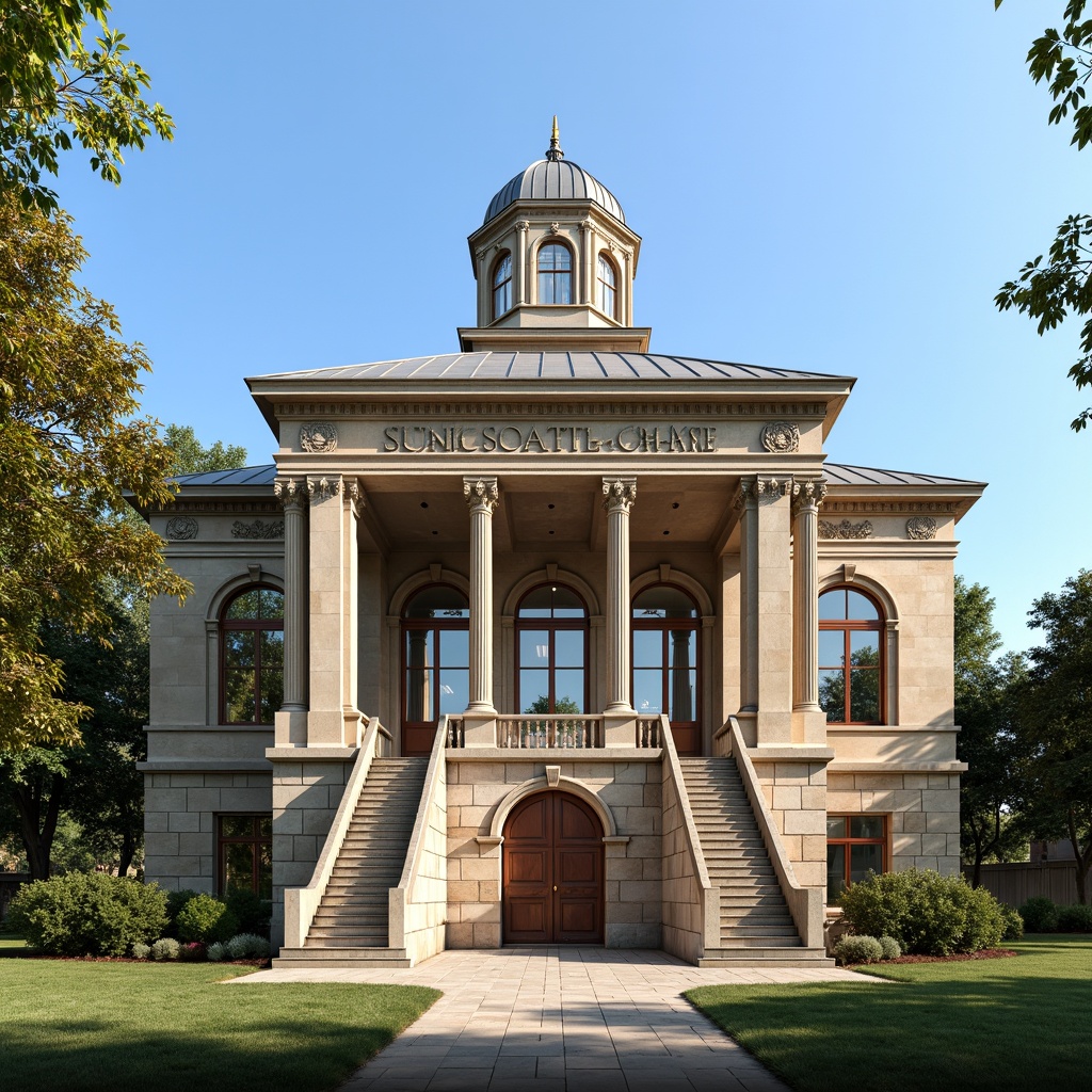 Prompt: Classic courthouse facade, ornate stone carvings, columned entrance, grand staircase, domed clock tower, symmetrical composition, Neoclassical architecture, rusticated base, arched windows, wooden shutters, copper roofing, weathered stone walls, manicured lawn, mature trees, sunny afternoon, soft natural light, subtle shadows, 1/2 composition, realistic textures, ambient occlusion.