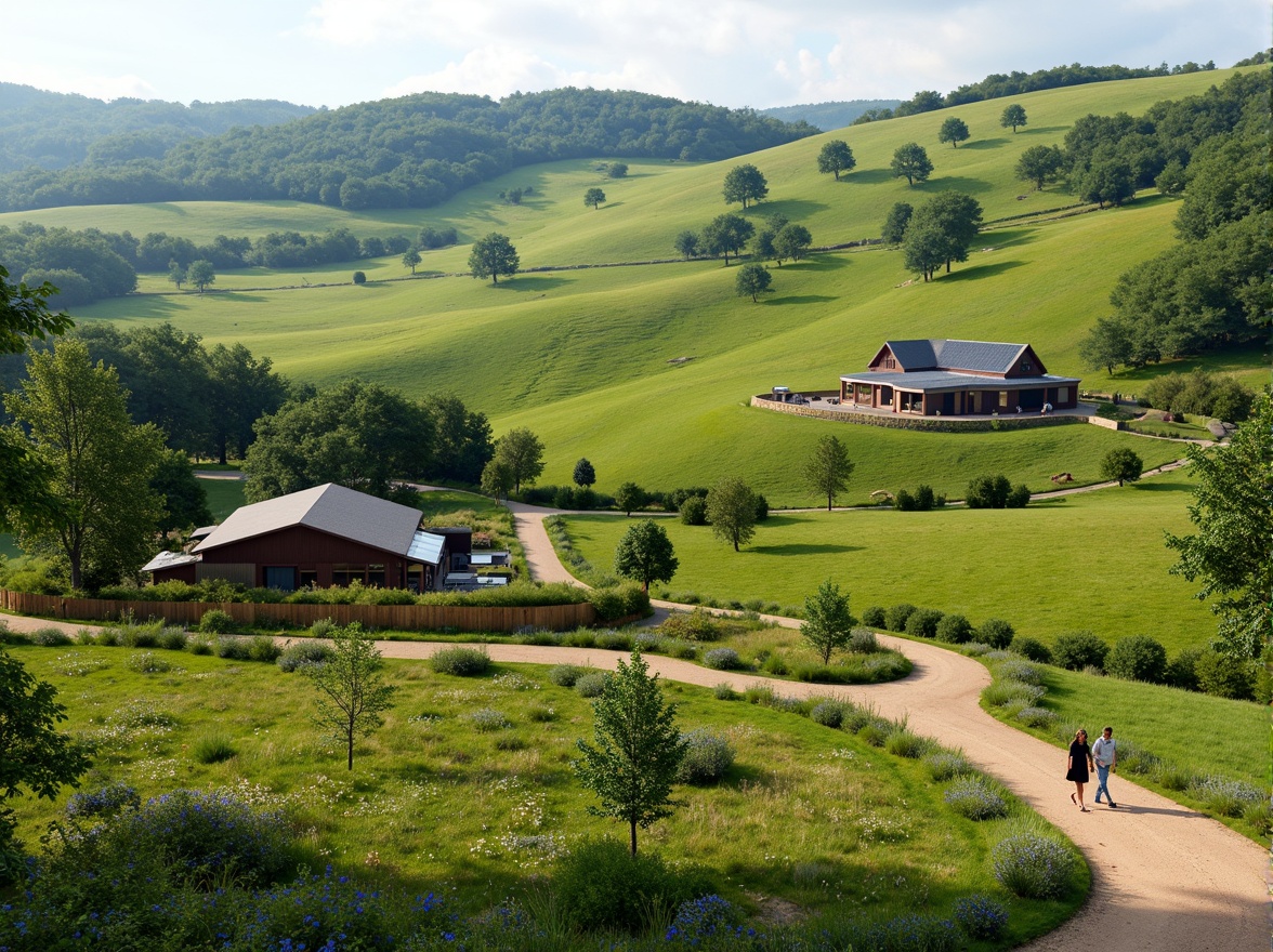 Prompt: Rolling hills, lush green farmland, rustic barns, winding dirt roads, modern farmhouse architecture, eco-friendly design, solar panels, wind turbines, rainwater harvesting systems, living roofs, native wildflowers, meandering streams, wooden fences, stone walls, organic farms, local wildlife habitats, rural landscape integration, scenic vistas, natural light, soft warm ambiance, 1/1 composition, shallow depth of field, realistic textures, ambient occlusion.