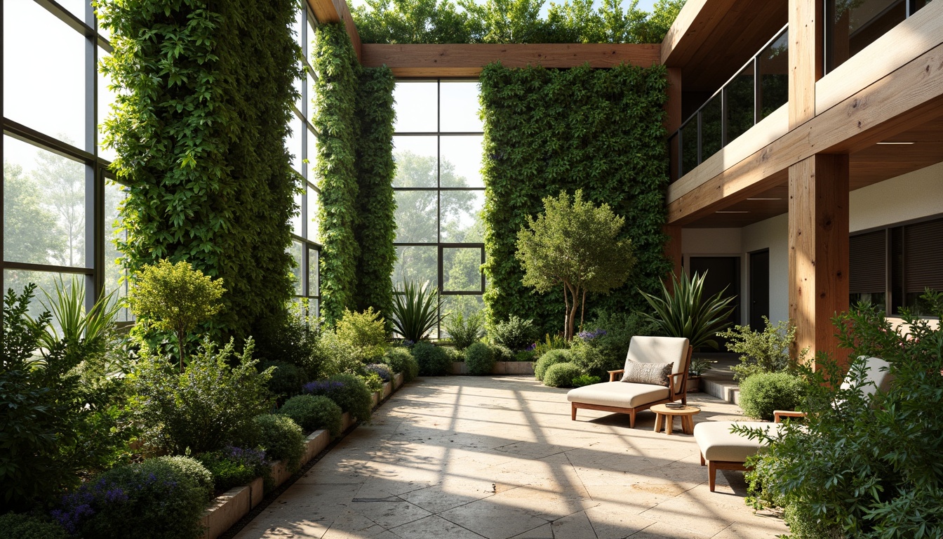 Prompt: Lush green walls, living roofs, natural stone flooring, reclaimed wood accents, floor-to-ceiling windows, abundant daylight, vibrant indoor plants, organic shapes, earthy color palette, minimalist decor, eco-friendly furniture, energy-efficient lighting, soft warm ambiance, shallow depth of field, 1/1 composition, realistic textures, ambient occlusion, serene atmosphere, peaceful ambiance, natural ventilation systems, rainwater harvesting systems, grey water reuse systems, sustainable building materials, innovative irrigation systems.