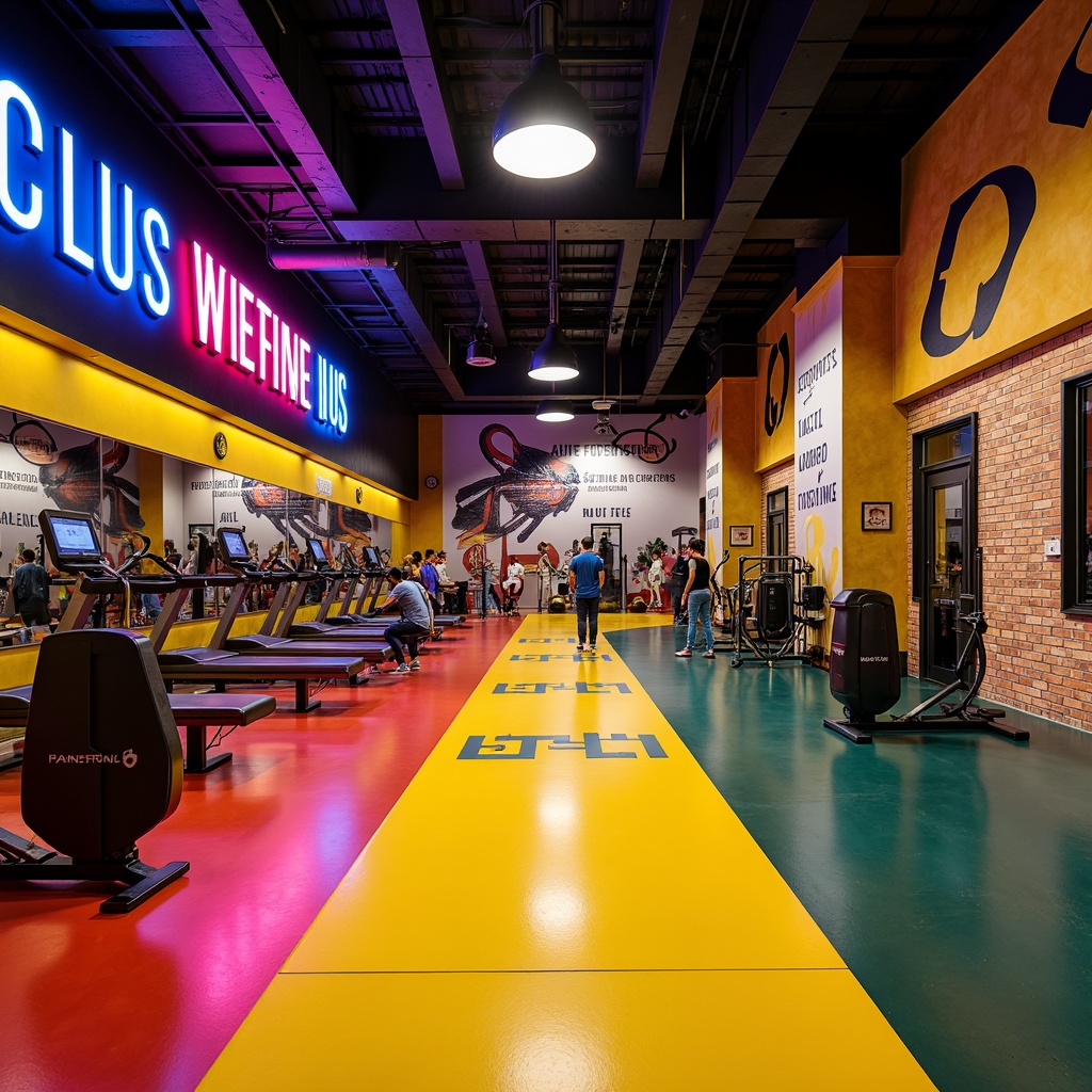 Prompt: Vibrant fitness club interior, bold color scheme, energetic atmosphere, bright neon lights, motivational quotes, dynamic abstract patterns, high-gloss floors, sleek metal equipment, modern minimalist decor, industrial-style lighting, bold typography, accent walls, invigorating citrus hues, deep blues, energizing yellows, calming greens, warm wood accents, metallic finishes, urban loft-inspired design, natural stone features, overhead LED lights, 3/4 composition, shallow depth of field, panoramic view.