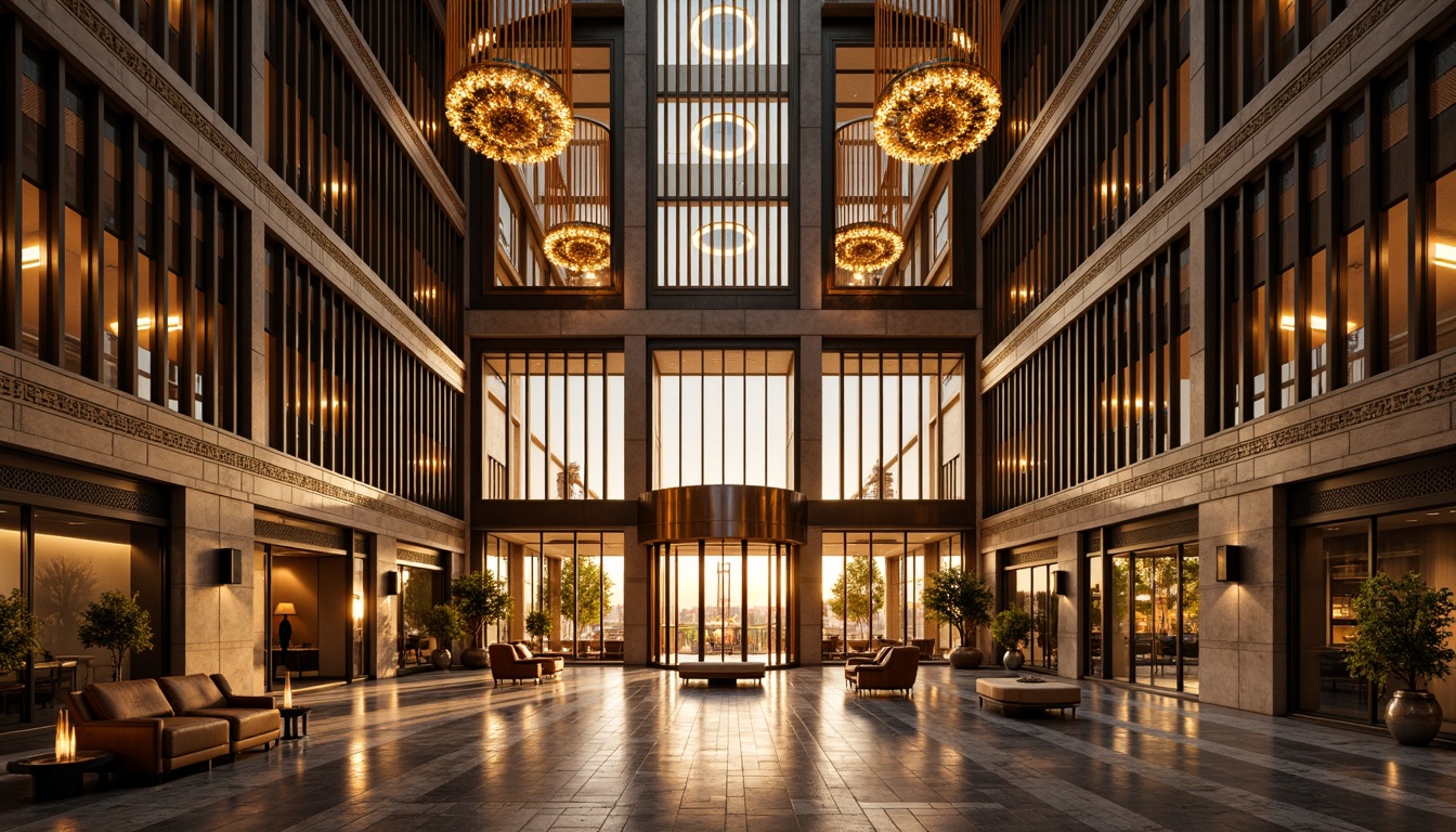 Prompt: Glamorous office building, ornate Art Deco facade, geometric patterns, metallic accents, grand entrance, revolving doors, polished marble lobby, luxurious chandeliers, high ceilings, large windows, vertical lines, symmetrical composition, warm golden lighting, shallow depth of field, 1/2 composition, realistic textures, ambient occlusion.