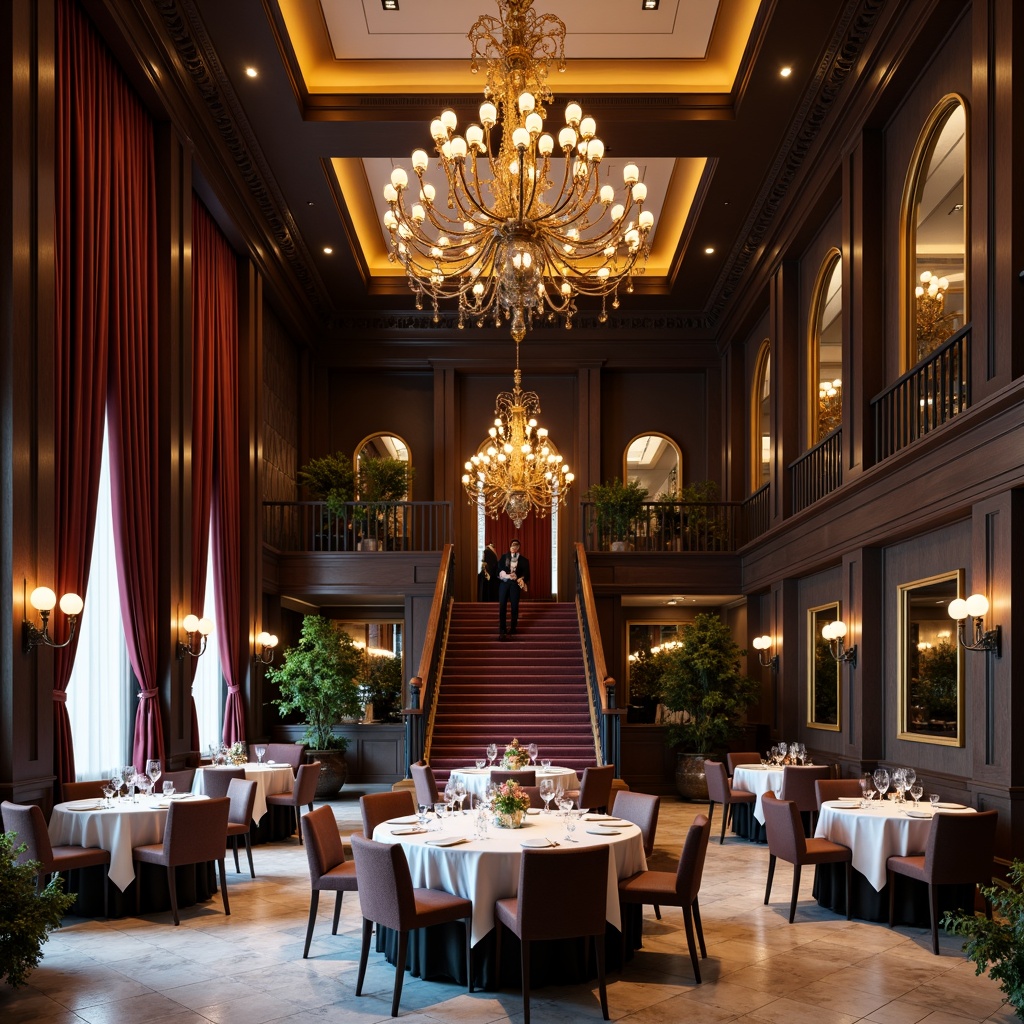 Prompt: Elegant dining hall, high ceilings, chandeliers, luxurious fabrics, velvet drapes, dark wood furniture, marble floors, grand staircase, symmetrical composition, warm soft lighting, intimate ambiance, round tables, upholstered chairs, white tablecloths, fine china, crystal glasses, lavish centerpieces, ornate mirrors, subtle color palette, sophisticated atmosphere.