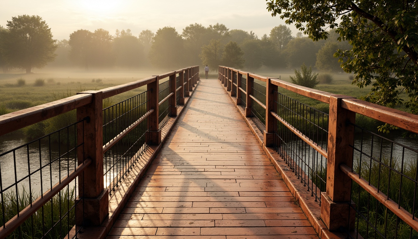 Prompt: Rustic copper pedestrian bridge, weathered patina finish, industrial metal texture, wooden plank walkway, steel cable railings, warm golden lighting, misty morning atmosphere, serene riverbank setting, lush green vegetation, natural stone abutments, modern minimalist design, sleek linear architecture, subtle reflective surfaces, ambient occlusion, shallow depth of field, 3/4 composition, panoramic view.