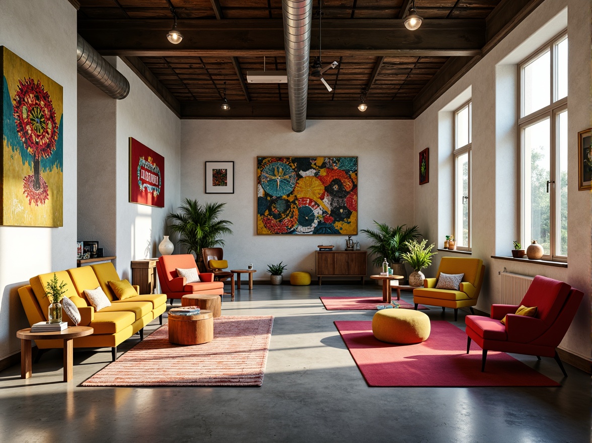 Prompt: Vibrant design studio, modern artistic space, eclectic furniture pieces, bold color accents, abstract artwork, industrial metal beams, polished concrete floors, natural light pouring in, warm cozy atmosphere, softbox lighting, 3/4 composition, shallow depth of field, realistic textures, ambient occlusion.