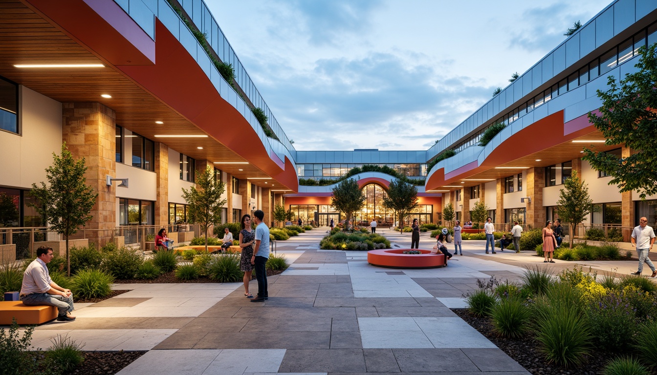 Prompt: Vibrant community center, fusion architecture, modern curves, bold color schemes, natural stone walls, wooden accents, green roofs, rooftop gardens, open-air courtyards, communal seating areas, interactive public art, dynamic lighting installations, shallow depth of field, 1/1 composition, wide-angle lens, soft warm lighting, ambient occlusion, realistic textures, diverse cultural patterns, eclectic furniture designs, playful water features.