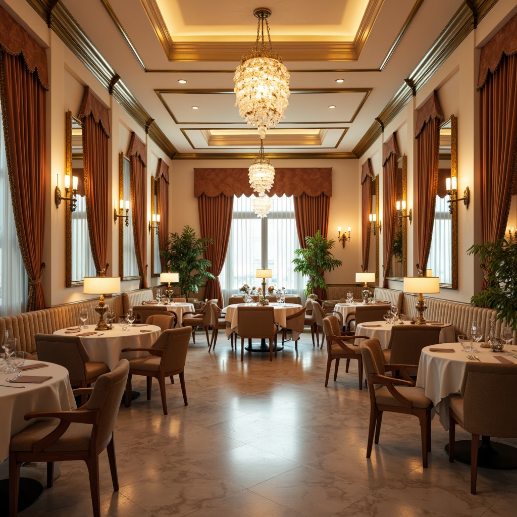 Prompt: Elegant dining hall, lavish chandeliers, refined wood accents, cream-colored walls, luxurious velvet drapes, polished marble floors, ornate mirrors, formal seating arrangements, classic table settings, fine china displays, sophisticated lighting fixtures, warm cozy atmosphere, shallow depth of field, 1/1 composition, realistic textures, ambient occlusion.