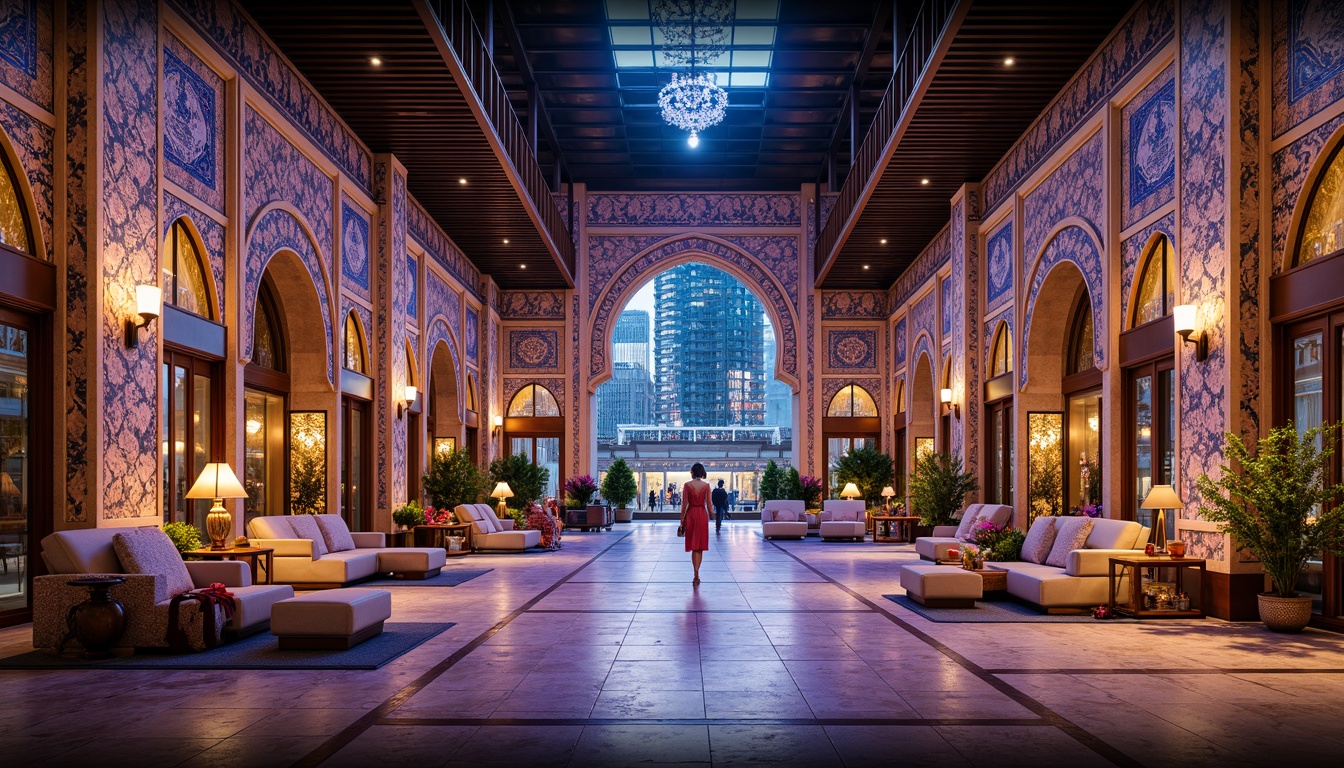 Prompt: Vibrant Moroccan-inspired architecture, intricately tiled walls, Islamic geometric motifs, kaleidoscope colors, ornate archways, luxurious textiles, opulent furnishings, golden accents, lavish decorations, intricate mosaics, bold typography, futuristic urban landscape, neon-lit cityscape, sleek skyscrapers, modernist buildings, abstract art installations, 3D geometric shapes, iridescent materials, prismatic reflections, shallow depth of field, 1/1 composition, low-key lighting, cinematic atmosphere.