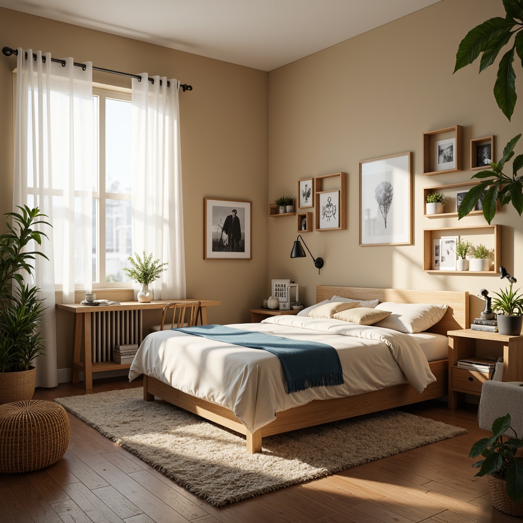 Prompt: Cozy dorm room, warm beige walls, soft cream bedding, rich wood furniture, plush area rug, calming blue accents, natural light pouring in, sheer white curtains, modern minimalist decor, sleek metal frames, vibrant green plants, comfortable reading nook, warm task lighting, 1/1 composition, shallow depth of field, realistic textures, ambient occlusion.