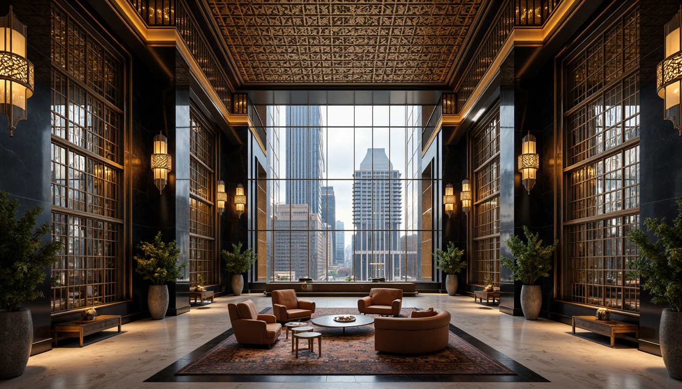 Prompt: Luxurious skyscraper, geometric metal patterns, ornate bronze details, polished marble floors, glossy black granite walls, intricate inlays, beveled glass windows, chrome accents, opulent chandeliers, lavish textiles, velvety soft furnishings, metallic sheen, subtle gradient effects, low-angle dramatic lighting, 1/1 composition, symmetrical balance, ornamental motifs, vintage glamour, retro-futuristic flair.