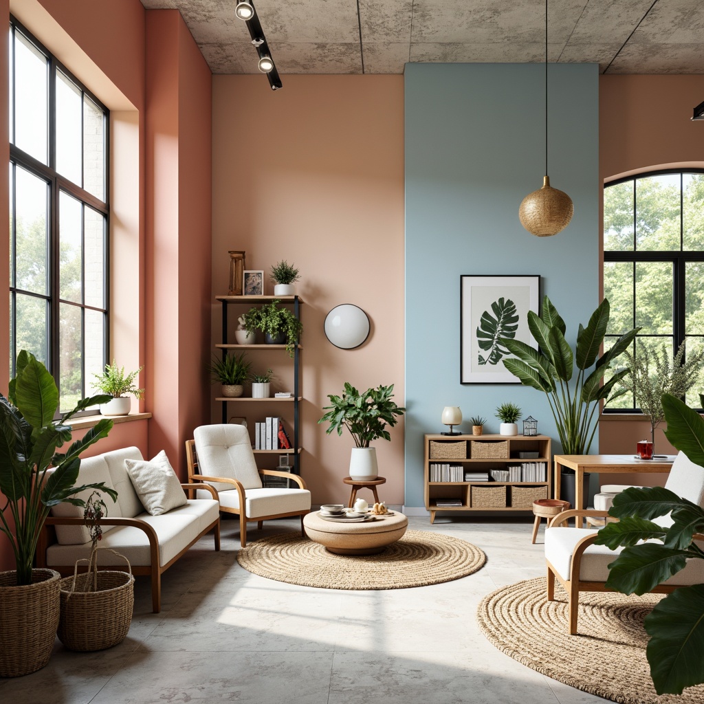 Prompt: Vibrant design studio, modern minimalist decor, bright accent walls, pastel color scheme, soft peach tones, calming blue hues, creamy white textures, rich wood accents, industrial metal frames, eclectic art pieces, natural stone floors, abundant greenery, warm cozy lighting, shallow depth of field, 1/1 composition, realistic textures, ambient occlusion.