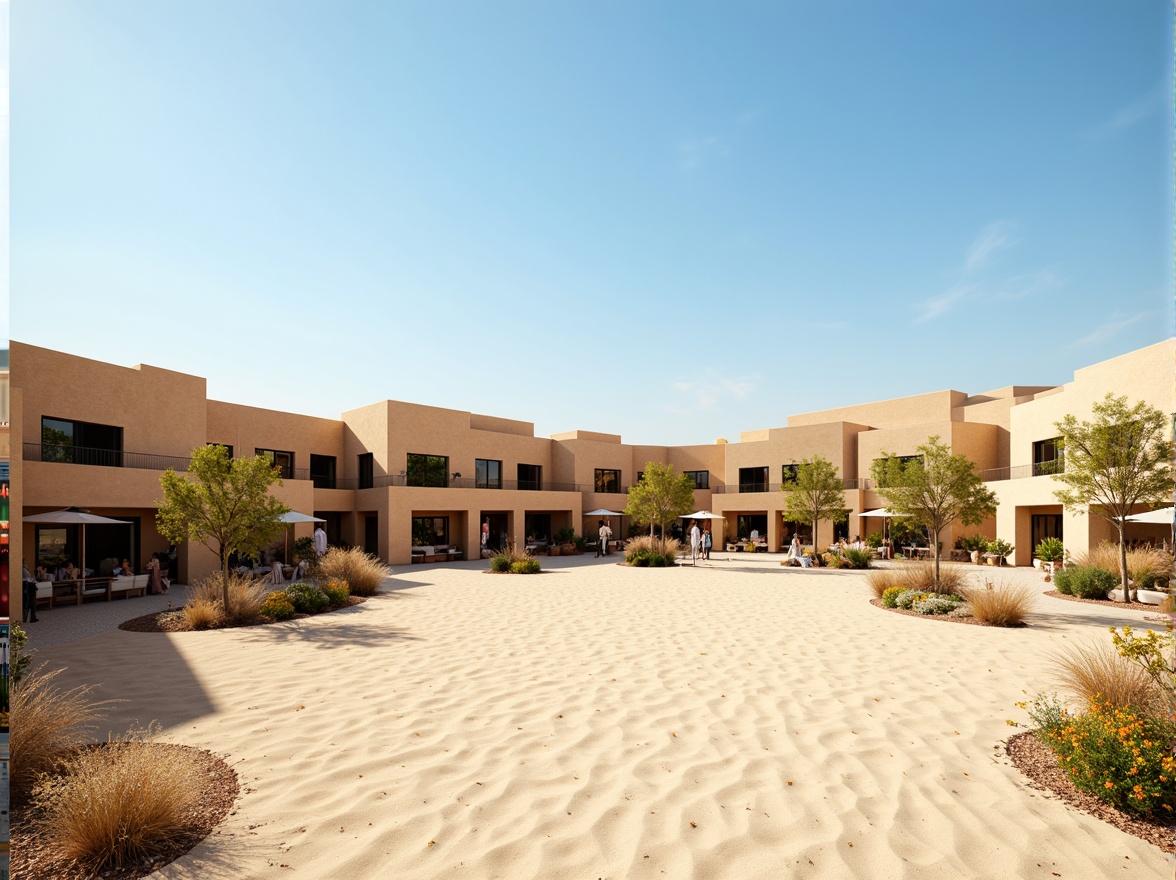 Prompt: Desert oasis, sandy dunes, cactus plants, hot sunny day, clear blue sky, vast open space, modern minimalist architecture, earth-toned buildings, curved lines, natural stone walls, green roofs, eco-friendly materials, innovative cooling systems, shaded outdoor spaces, misting systems, Arabic-inspired patterns, vibrant colorful textiles, intricate geometric motifs, blending structures, seamless integration, organic forms, nature-inspired design, contextual harmony, subtle color palette, warm soft lighting, shallow depth of field, 3/4 composition, panoramic view.