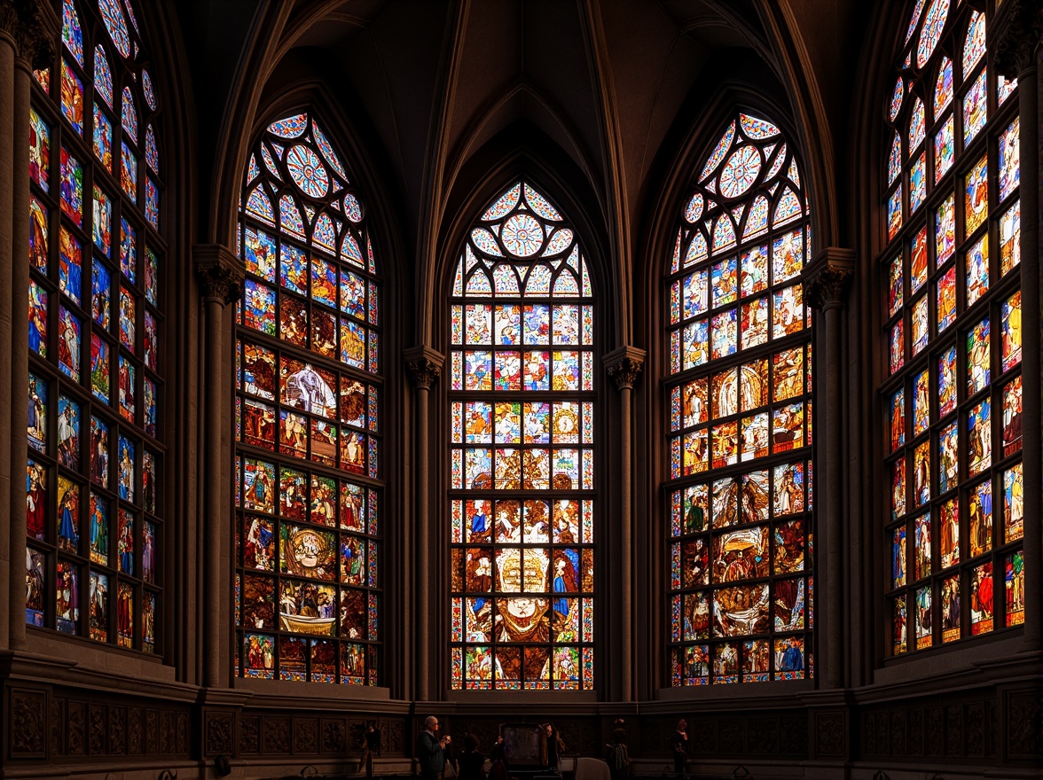 Prompt: Vibrant stained glass windows, kaleidoscope colors, Gothic architectural style, grand cathedrals, ornate facades, intricate stone carvings, mystical ambience, soft diffused light, warm golden tones, rich textures, detailed mosaics, sacred symbols, religious iconography, medieval inspirations, dramatic lighting effects, 1/2 composition, narrow depth of field, realistic rendering.