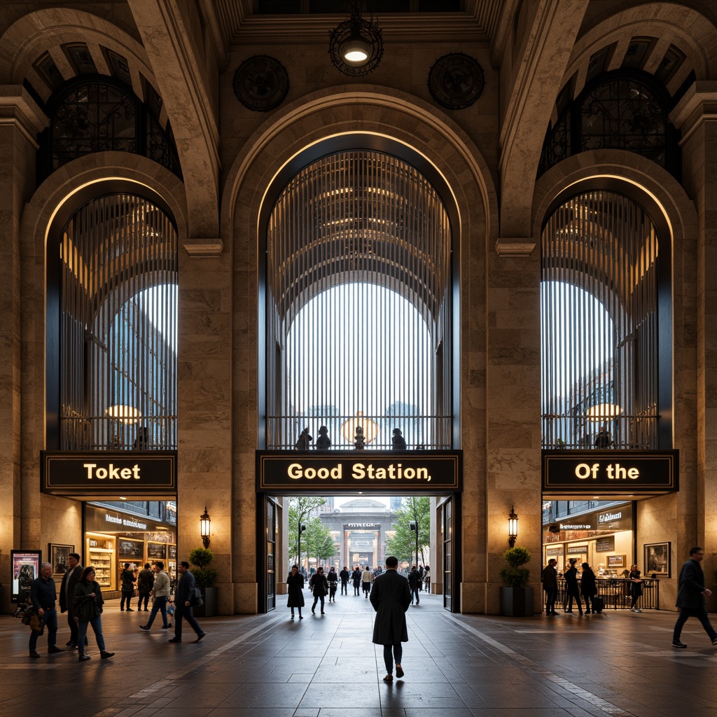 Prompt: Grand metro station entrance, academic style fa\u00e7ade, neoclassical arches, granite stone walls, ornate metal gates, modern LED lighting, vibrant urban atmosphere, busy pedestrian traffic, intricate tile work, large glass atriums, natural light infusion, high ceilings, sophisticated signage, elegant typography, subtle color palette, contrasting textures, dynamic angular lines, futuristic accents, urban infrastructure integration, bustling city life, rush hour scene, soft warm glow, shallow depth of field, 2/3 composition.